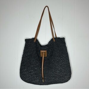 Woven Shoulder Tote Beach Boho Straw Bag Rattan Black Resort Coastal Vacation
